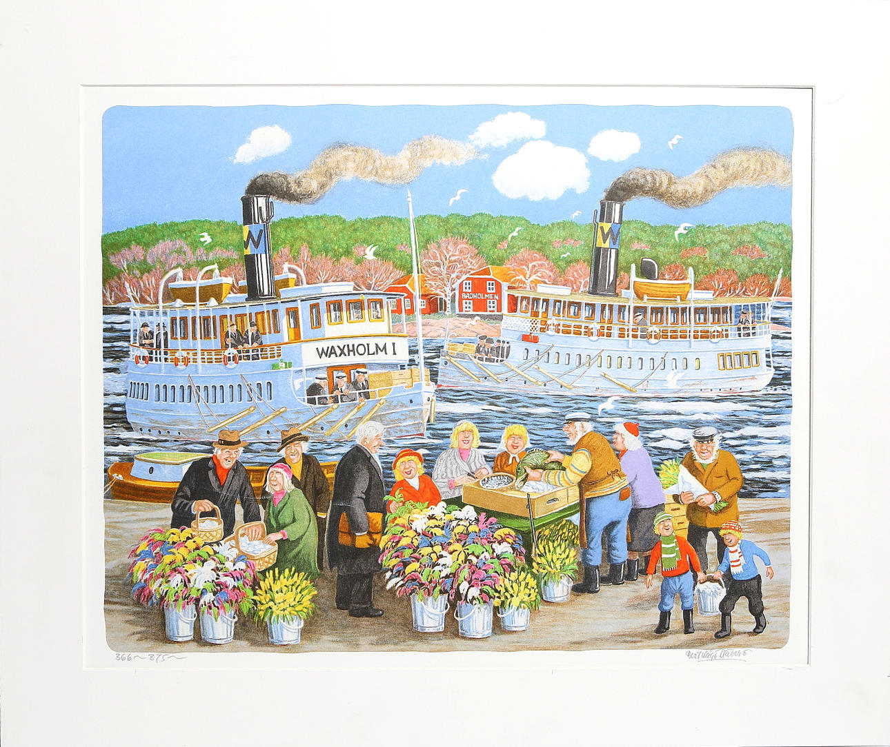 BERT HÅGE HÄVERÖ. Waxholmsbåtar, färglitografi, signerad och numrerad.