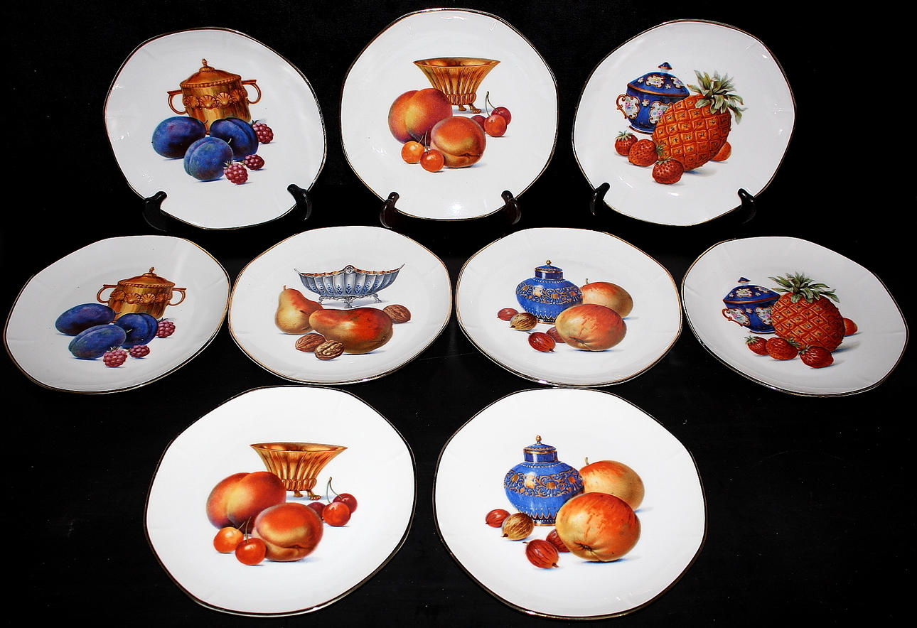 FRUKTASSIETTER, porslin, 9 st, Zrh, Scherzwr Co. A.G Bavaria, 1930-tal.