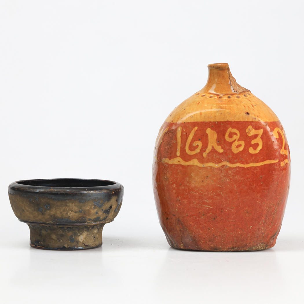 BOTTLE AND BOWL, glazed earthenware, 2 dlr.