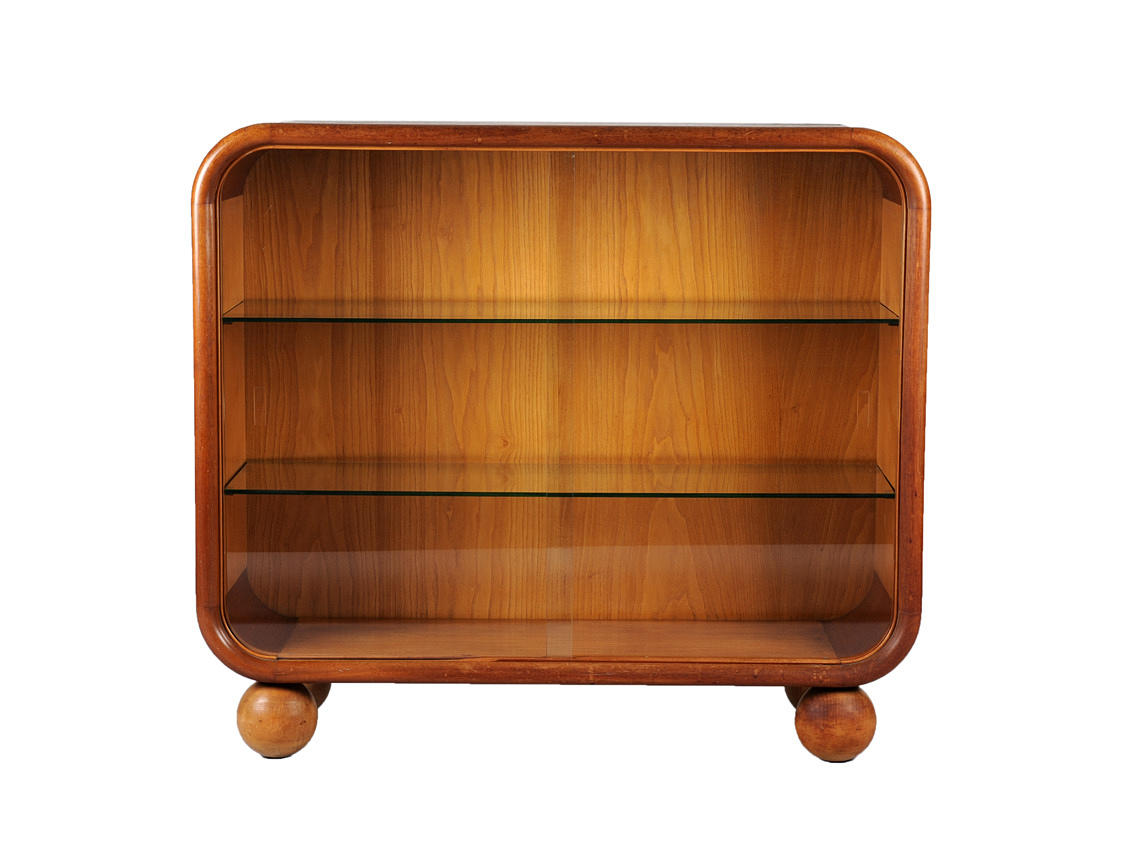 SIDEBOARD - VITRINE. Art deco-möbler, massivt trä med ekfanér, bollfötter, glashyllor.