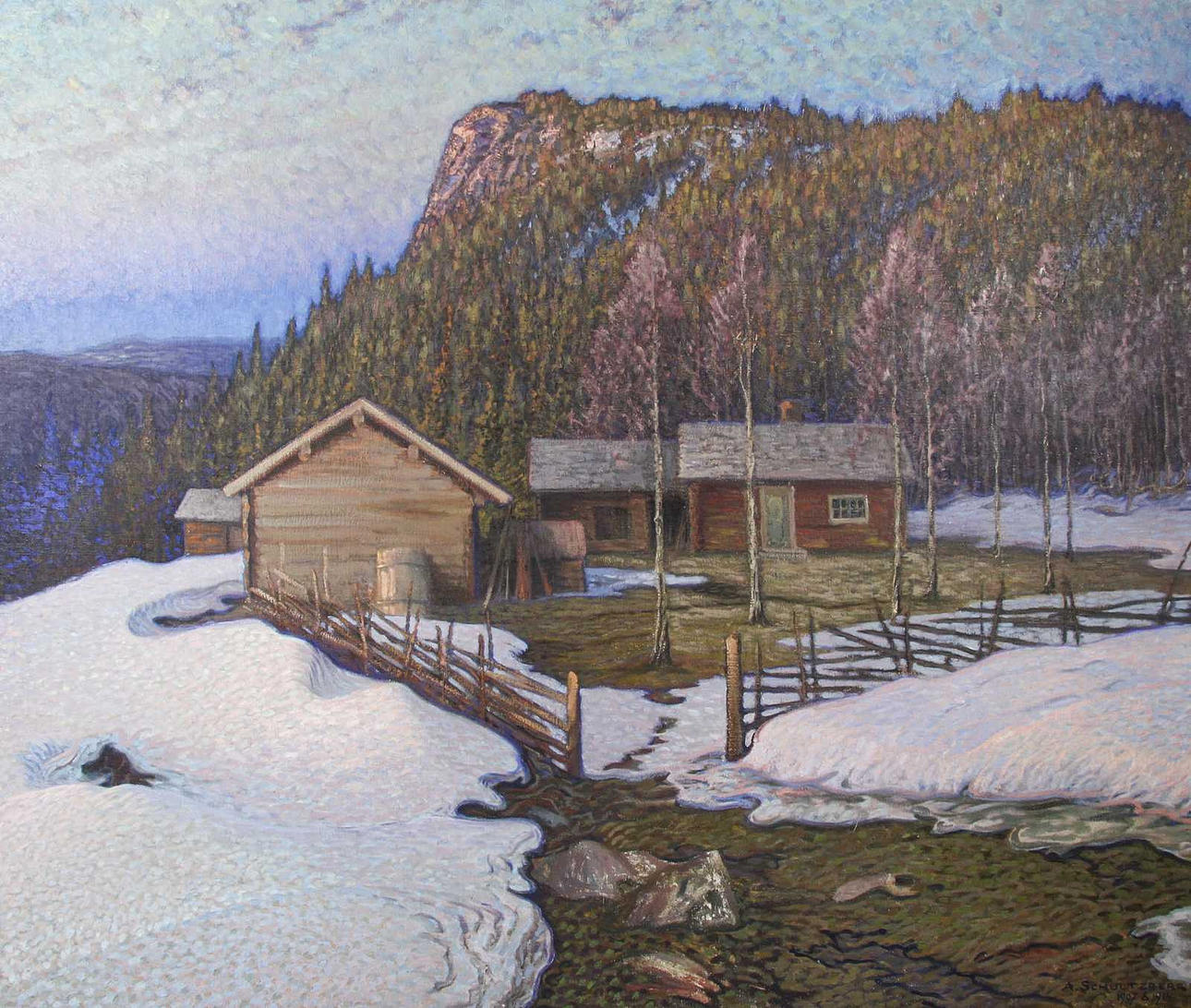 ANSHELM SCHULTZBERG. "Vårkväll vid en fäbod".