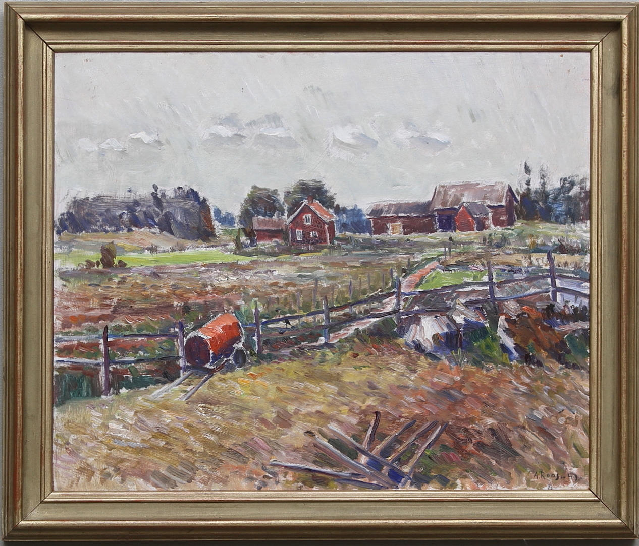 ALEXANDER ROOS. "Närkesgård". Olja på pannå, signerad och daterad -43.