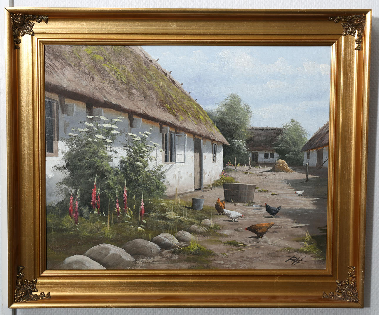 ROALD HANSEN. Olja på duk, Gårdsmiljö, signerad L H.