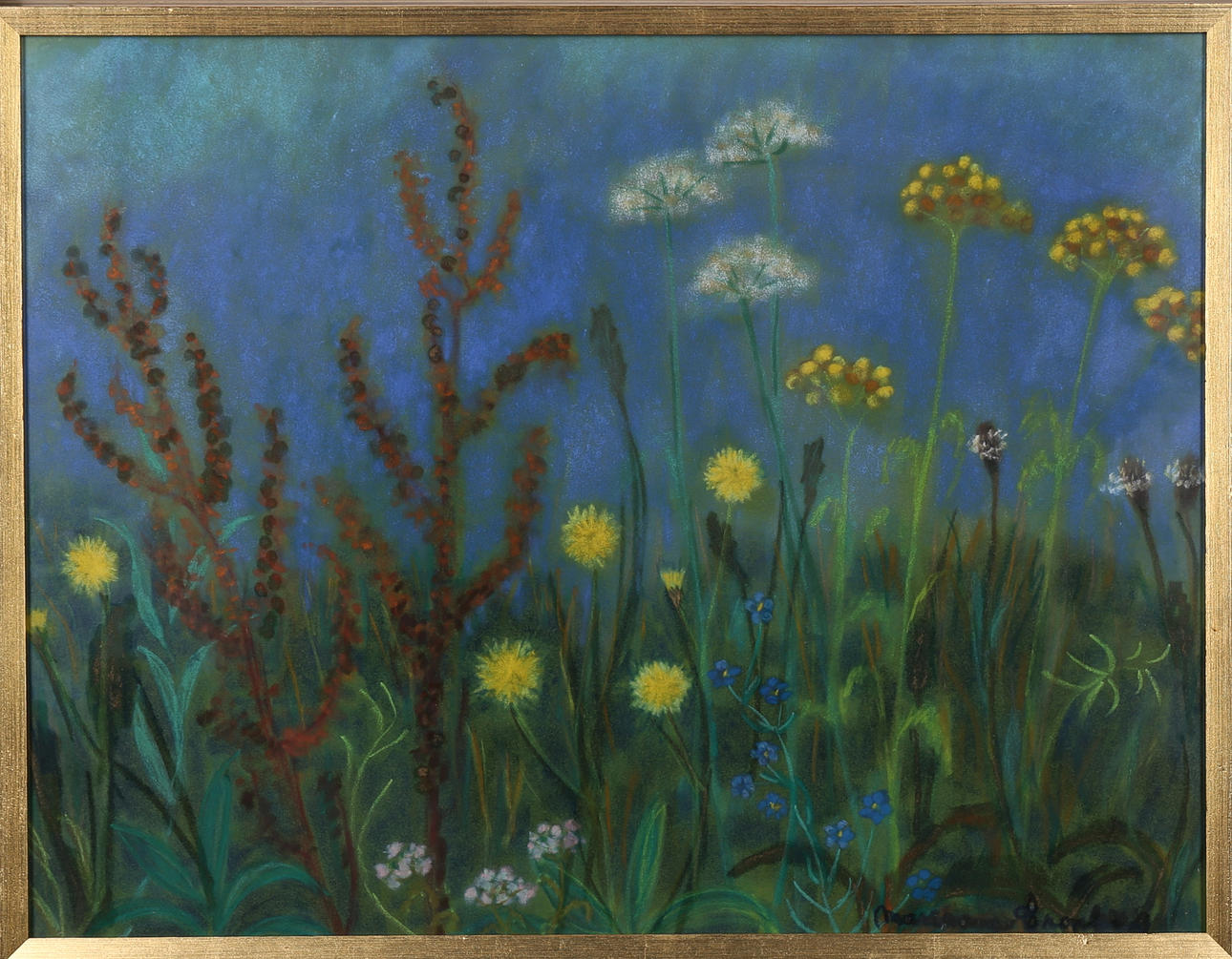 MARIANNE BRONBERG. "Höstblommor på fäladen", pastell, signerad.