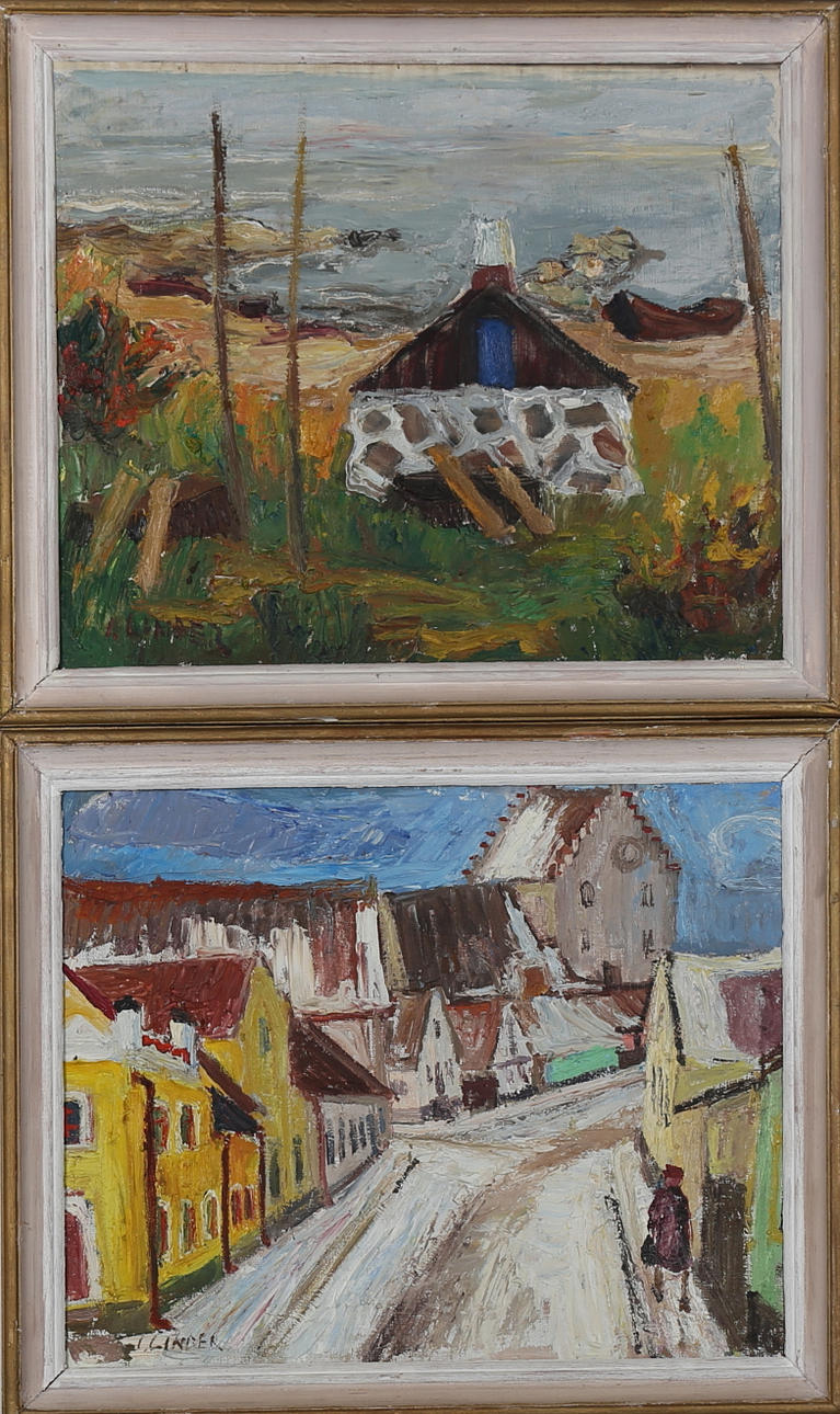 INGEGERD LINDER. Parti tavlor, olja på duk, 2 st, bl a Simrishamnsmotiv, signerade I. Linder.