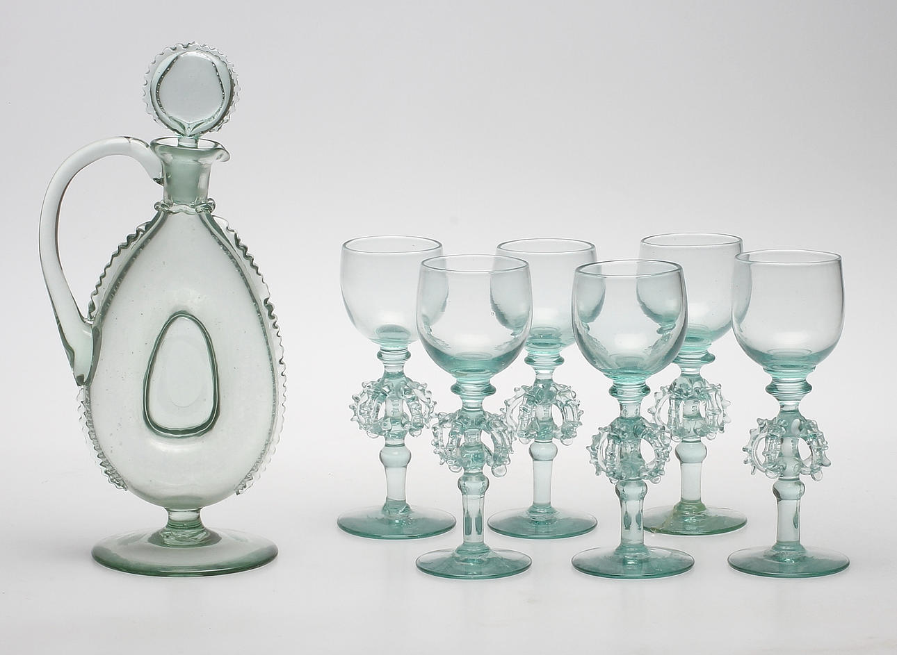 VINGLAS, 6 st samt VINKARAFF, 1700-tals-typ, 1900-tal.