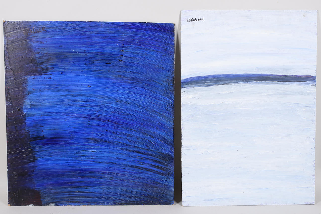KJELL HOBJER. oil on panel, 2 pcs, blue composition, signed.