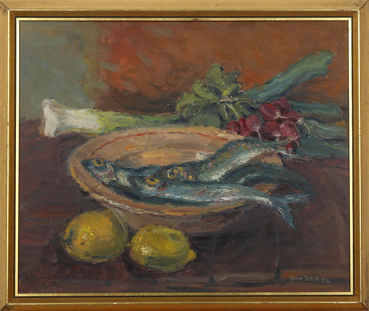 GUSTAV BERLIN. Stilleben med sill, olja på pannå, signerad och daterad 1976.