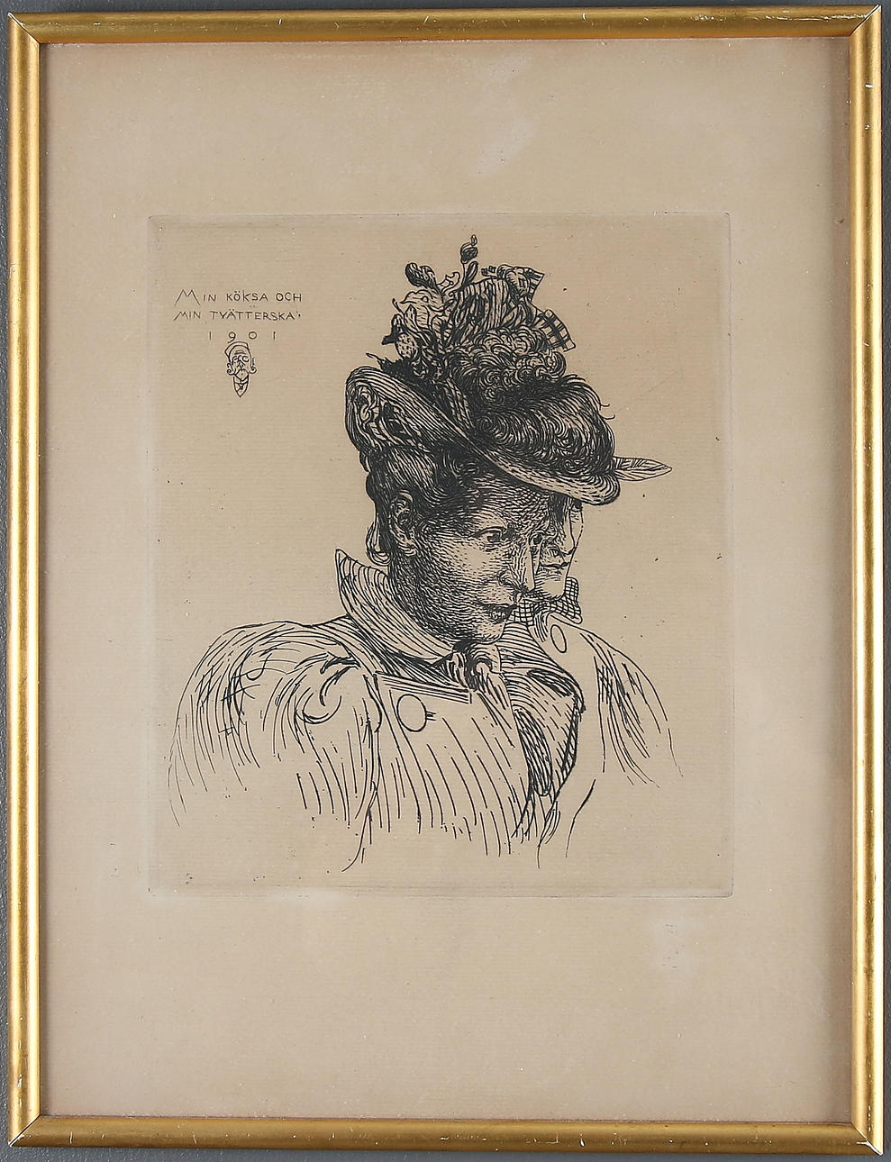 CARL LARSSON. "Min Köksa och Min Tvätterska", etsning. Ej signerad.