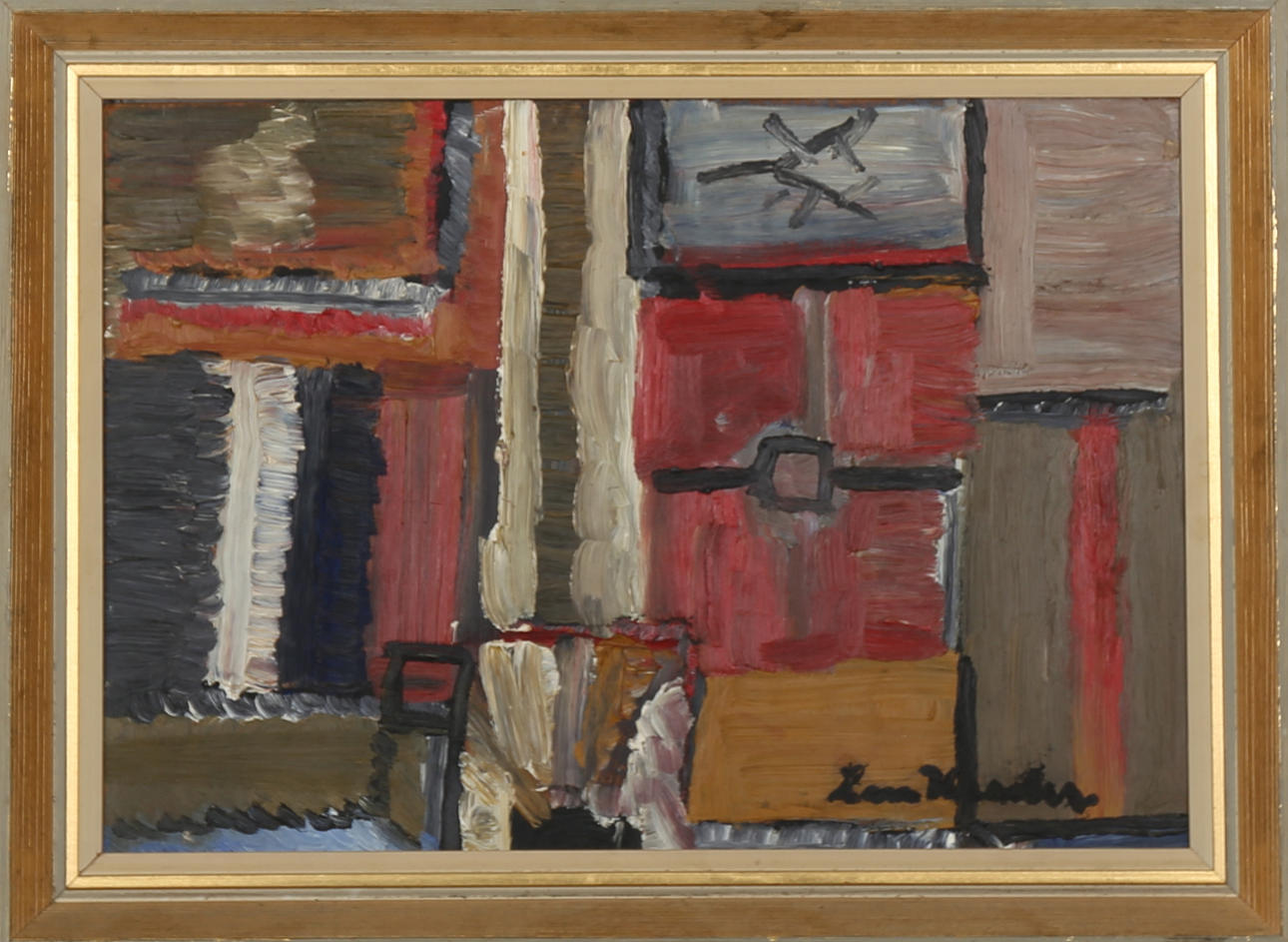 OIDENTIFIERAD KONSTNÄR. abstrakt komposition, olja på pannå, otydligt signerad.