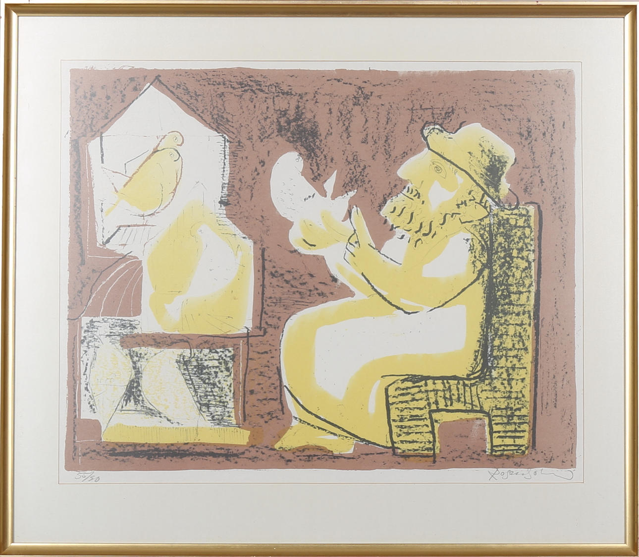 LENNART ROSENSOHN. Man och fåglar, Färglitografi, signerad Rosensohn.