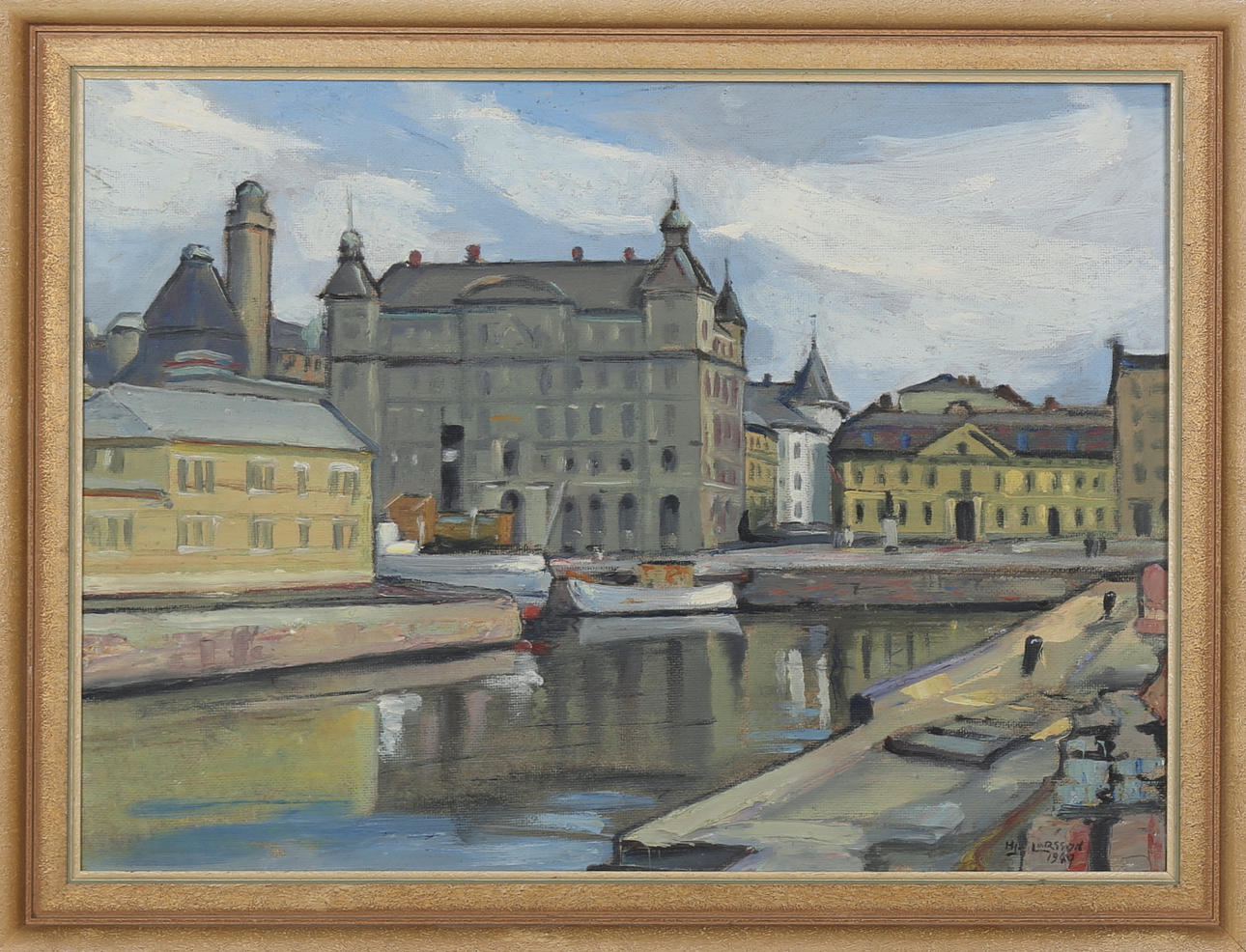 HJALMAR LARSSON. Hamnmotiv från Malmö, olja på pannå, signerad Hj Larsson.