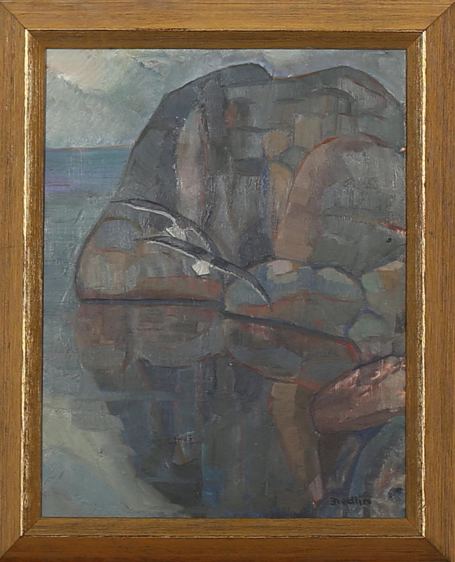 TOR OTTO FREDLIN. Flygande fåglar vid klippig kust, olja på pannå, signerad Fredlin.