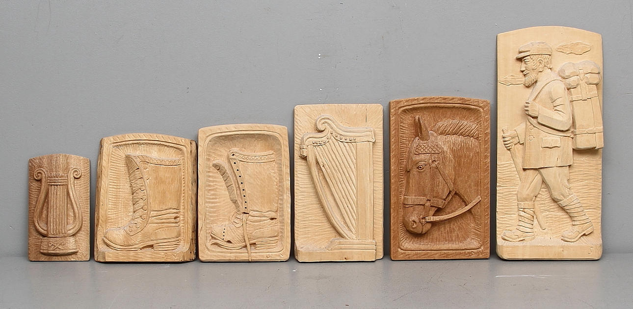 SVEN NORDIN. Väggskulpturer, 6 st, snidat trä, signerade och daterade 1974-1986.