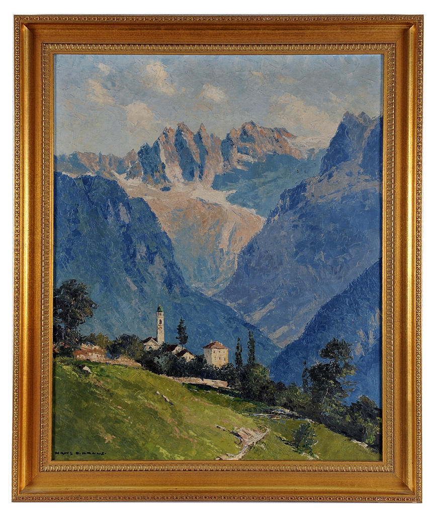 HANS OTTO KRAUS. ”Im Bergell”. En by som ligger vid foten av ett bergsmassiv.