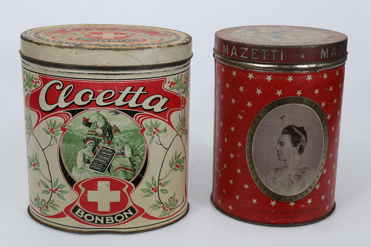 PLÅTBURKAR, 2 stycken, Cloetta och Mazetti, 1900-talets första hälft.