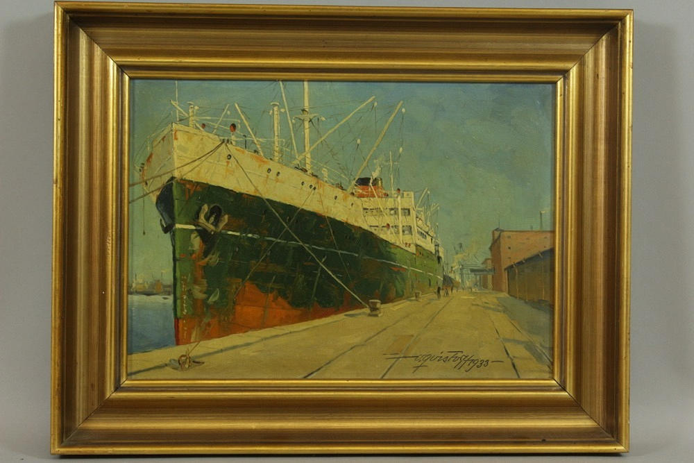 VICTOR H. W. QVISTORFF (1883-1953). måleri, fartyg på kajen, olja på kartong, daterad 1933.