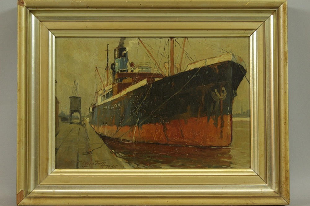 VICTOR H. W. QVISTORFF (1883-1953). måleri, fartyg på kajen, olja på kartong, daterad 1935.