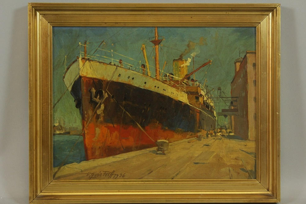VICTOR H. W. QVISTORFF (1883-1953). målning, fartyg på kajen, olja på kartong, daterad 1936.