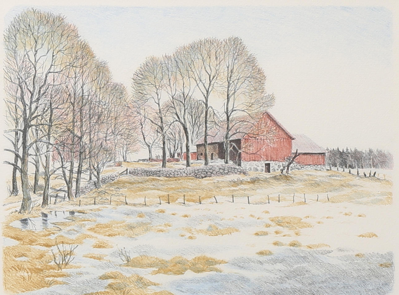 BJÖRN GIDSTAM. Vinterlandskap med ladugård, litografi, signerad, numrerad 131/210.