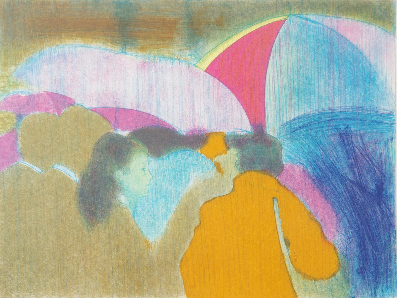 EGIL DROGSETH. Människor med paraplyer, färglitografi, signerrad.