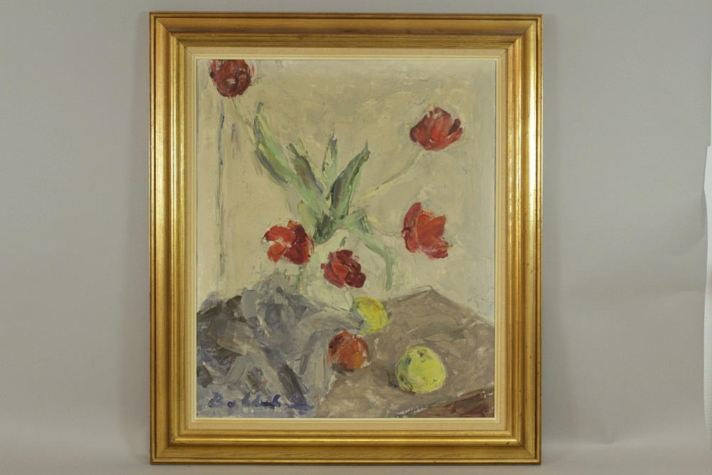 BØRGE BOKKENHEUSER (1910-1976). Målning, Expressionistiskt stilleben med blommor och frukt, olja på duk.