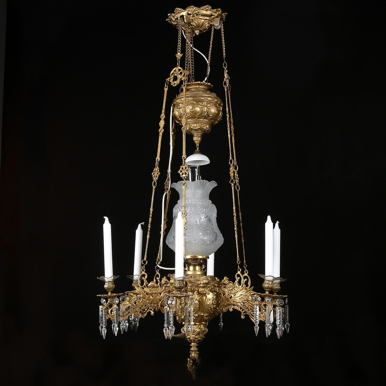 TAKFOTOGENLAMPA, bronserad metall och glas, 6 st ljusarmar. 1800-tal.