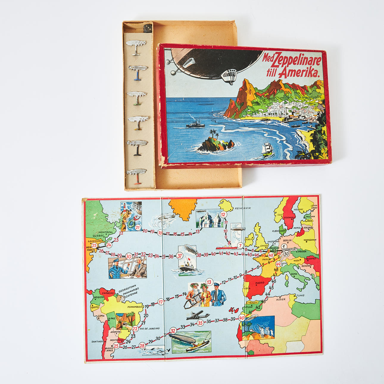 WITH ZEPPELINS TO AMERICA, game with playing field and 6 game pieces ...