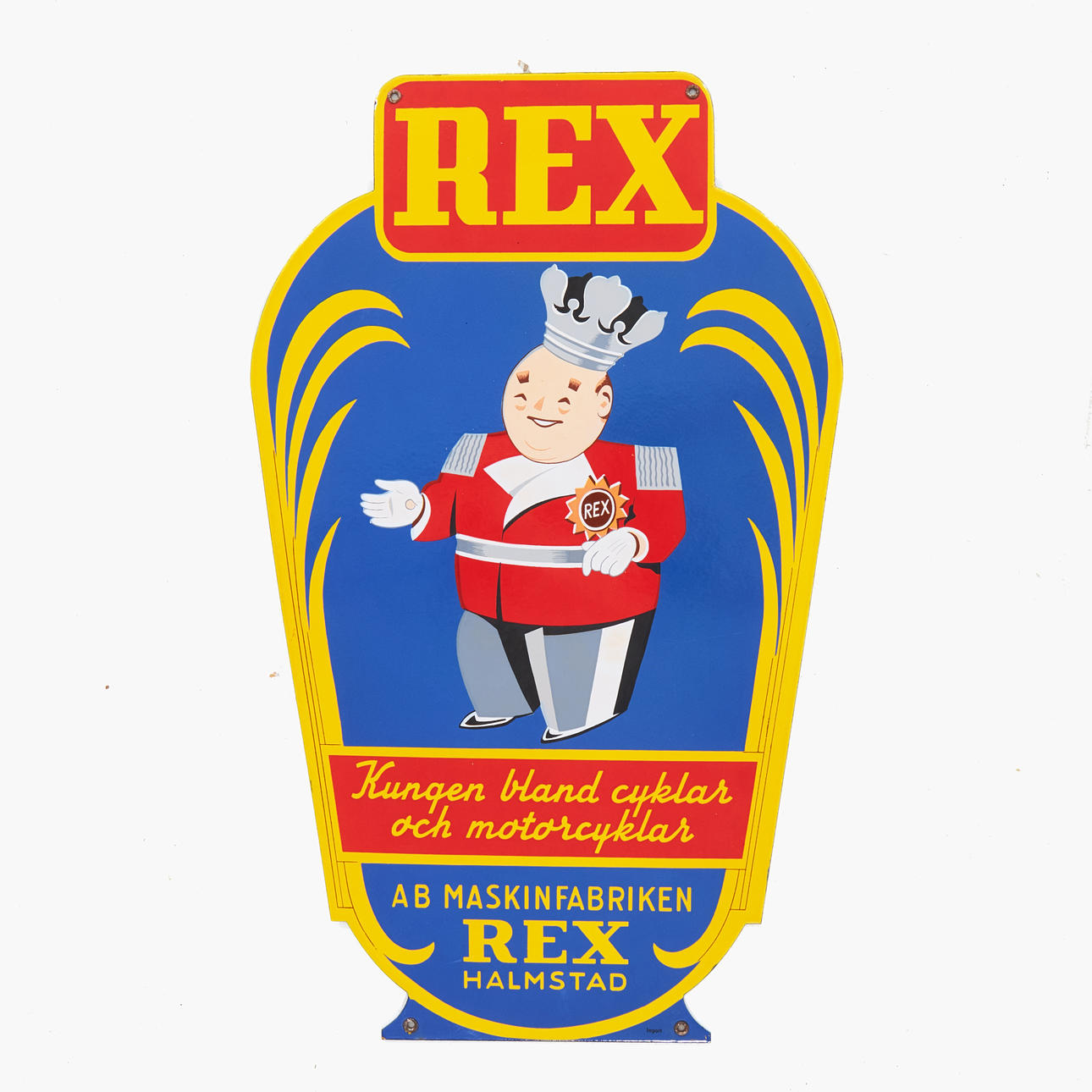 WERBESCHILD, Rex, „Der König der Fahrräder und Motorräder“, AB Maskinfabriken Rex, Halmstad, 1940er/1950er Jahre, emailliertes Stahlblech, hergestellt in Deutschland.