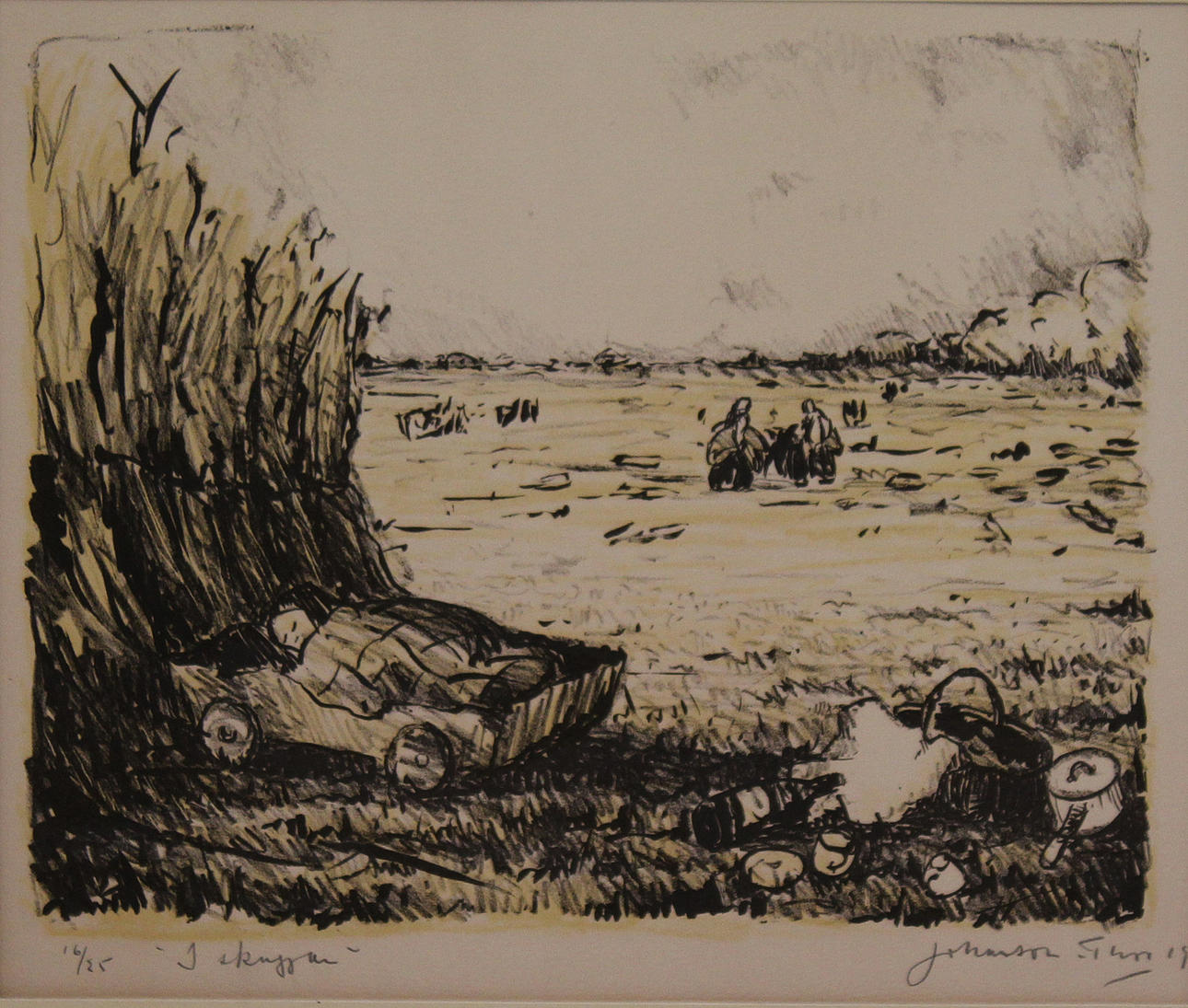 EMIL JOHANSSON-THOR. Parti konst (2). "I skuggan". Färglitografi. Signerad Johansson-Thor och daterad 1915. 16/25. Höbärare. Träsnitt. Signerad Johansson-Thor och daterad 1915. och träsnitt.. Bl.a. Folke Hellbom och Seth R Martin.