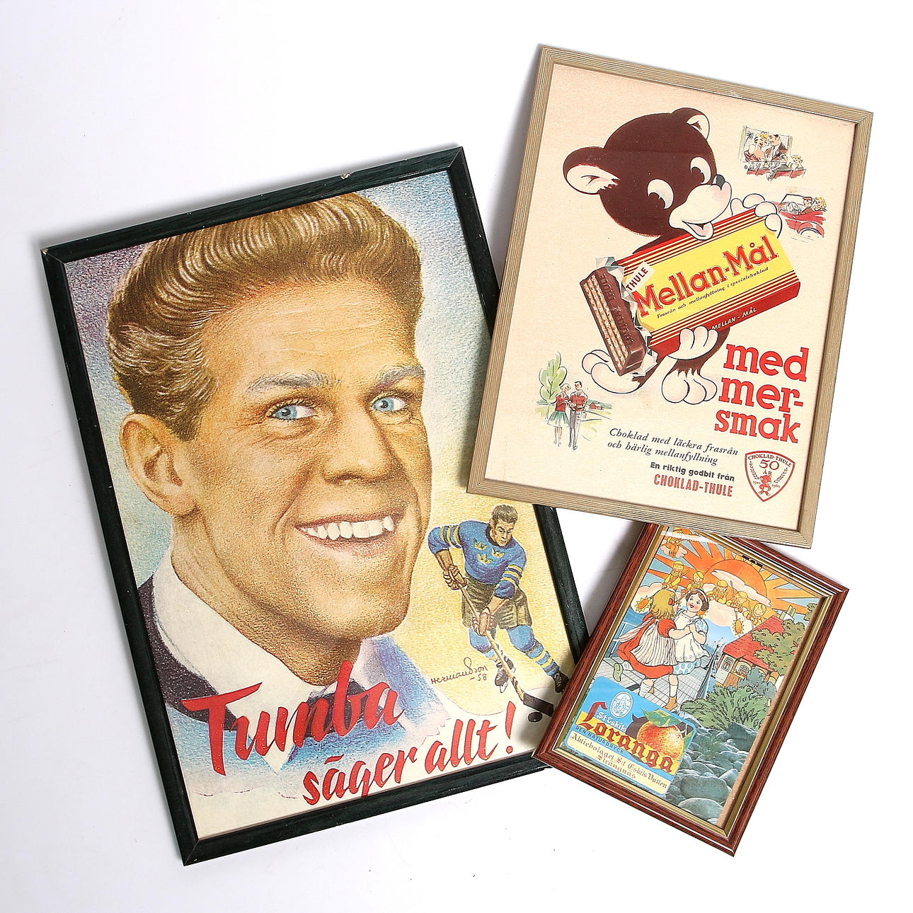 REKLAM, inramade, tryck, bl.a. "Tumba säger allt", 1950-tal.