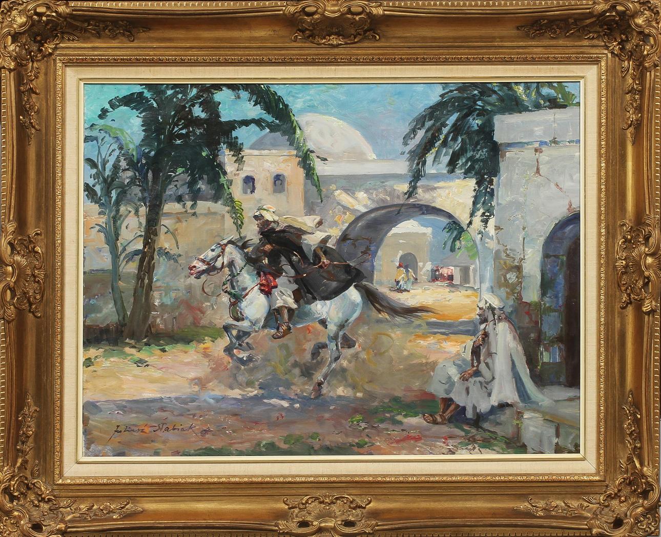 JULIUSZ STABIAK. Ryttare vid stadsmur. Olja på duk, signerad.