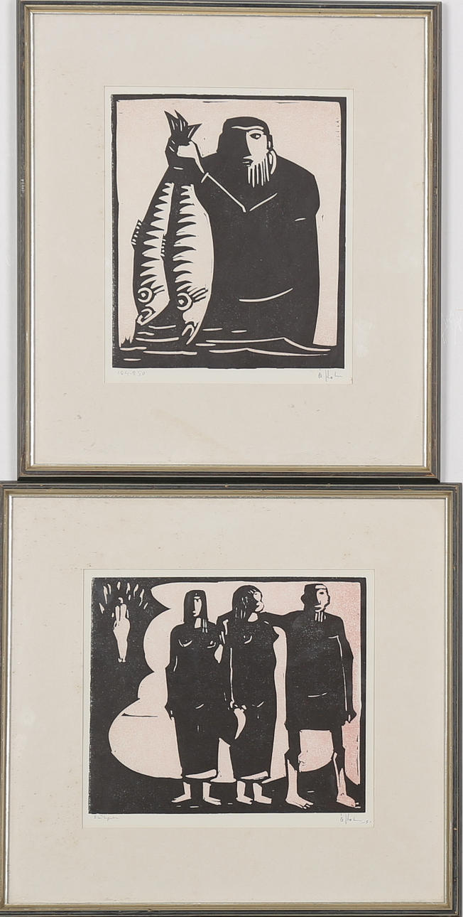 ÅKE HOLM. Linoleumsnitt, 2 st, bibliska motiv, signerade Å Holm.