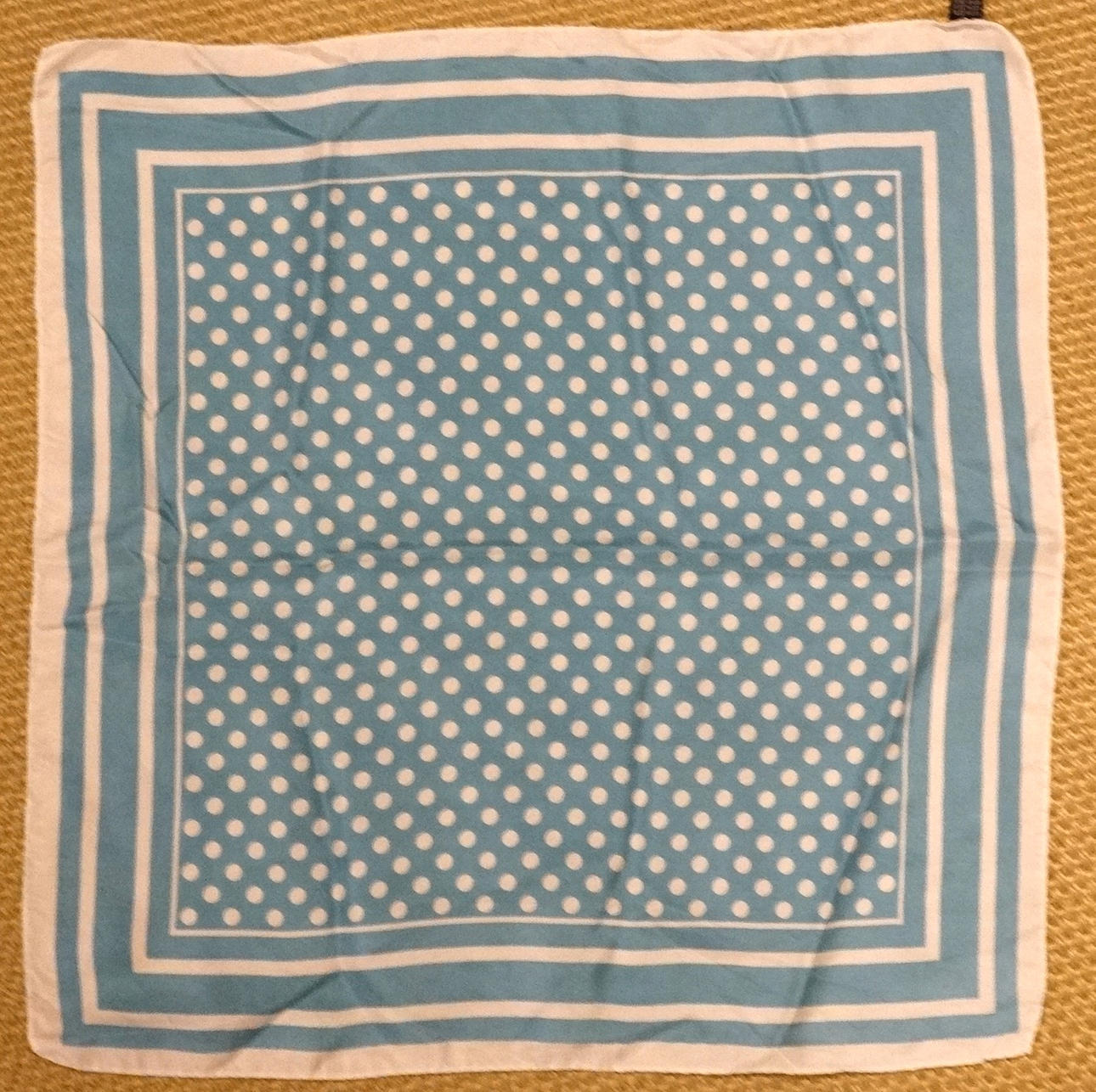 SILK SCARF, BLUE WHITE DOTS AS A PATTERN.