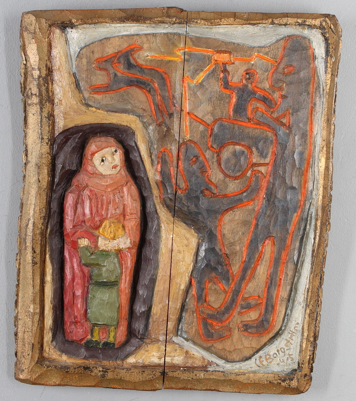 CARL EINAR BORGSTRÖM. "Ofärdstid", skuret samt bemålat trä, signerad samt daterad -45.