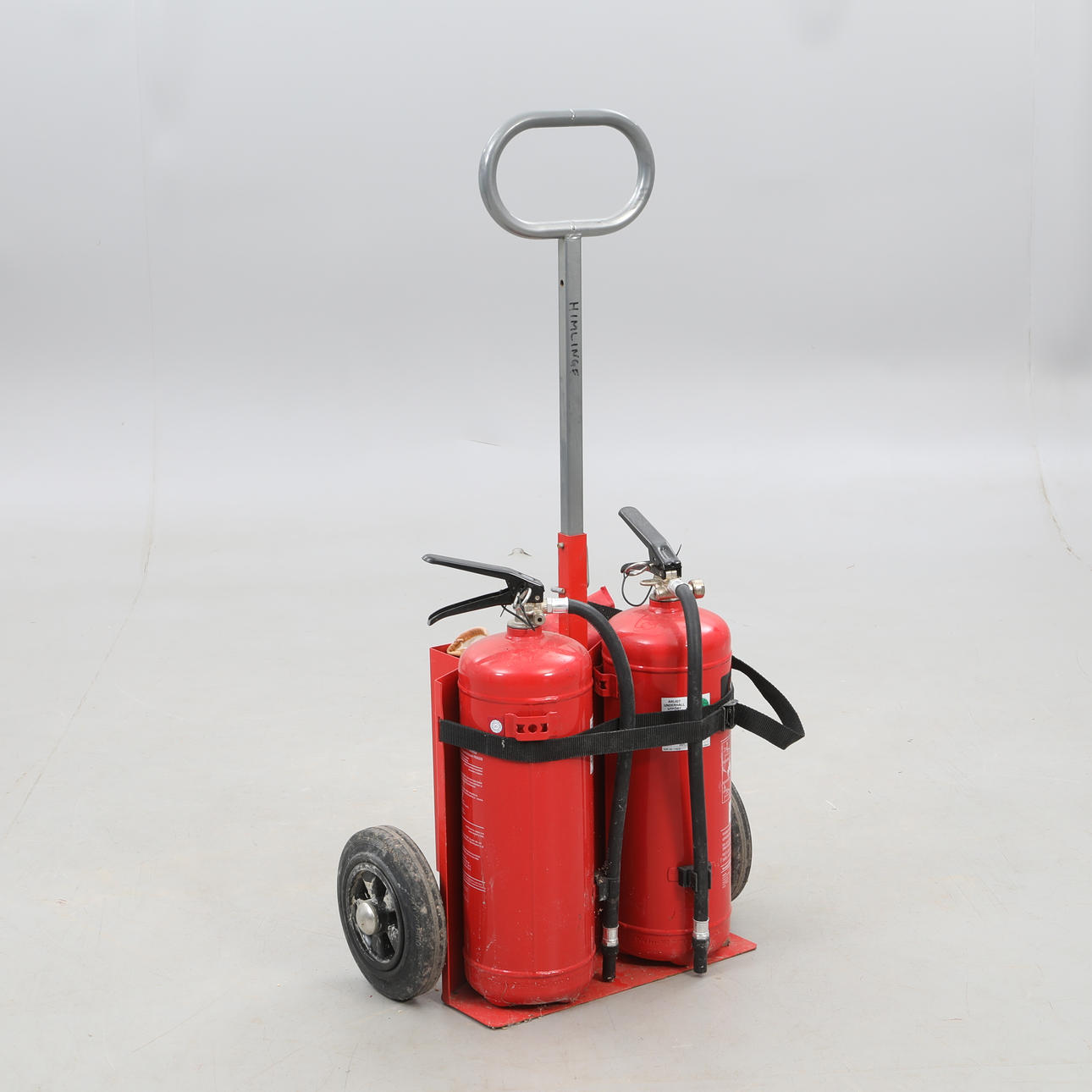 FIRE EXTINGUISHER CART, two tubes and a fire blanket.