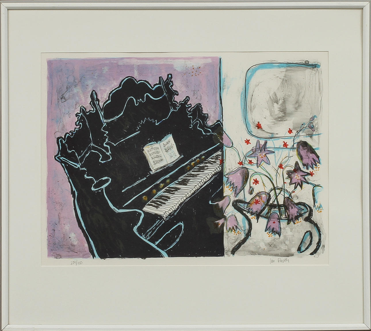 IAN RUSTH. Svart piano, färglitografi, signerad och numrerad 254/350.