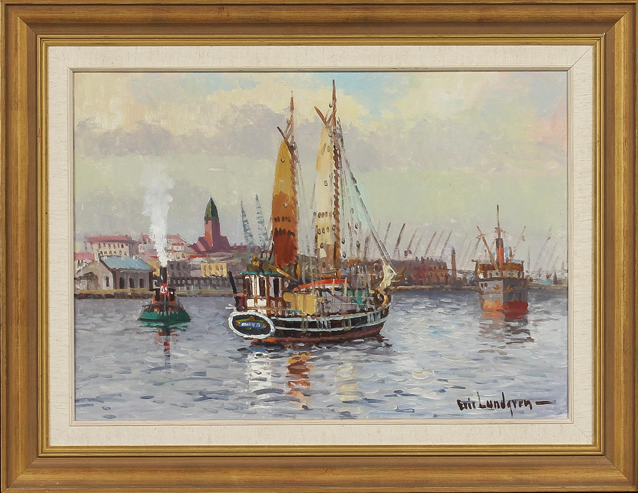 ERIC LUNDGREN. Göteborgs hamn, olja på duk, signerad.