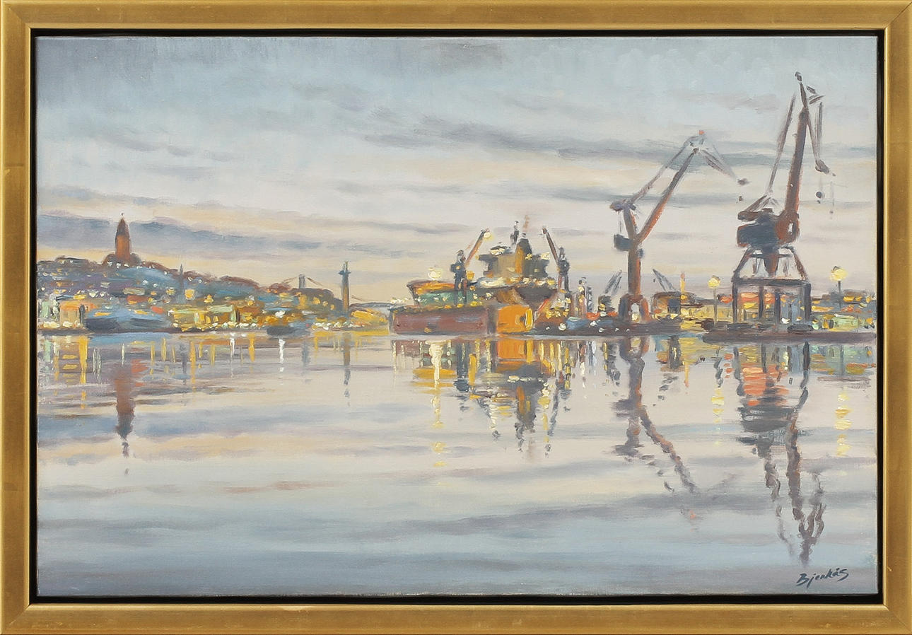 CARL BJERKÅS. "Vattenspeglingar, Göteborgs hamn", olja på duk, signerad.