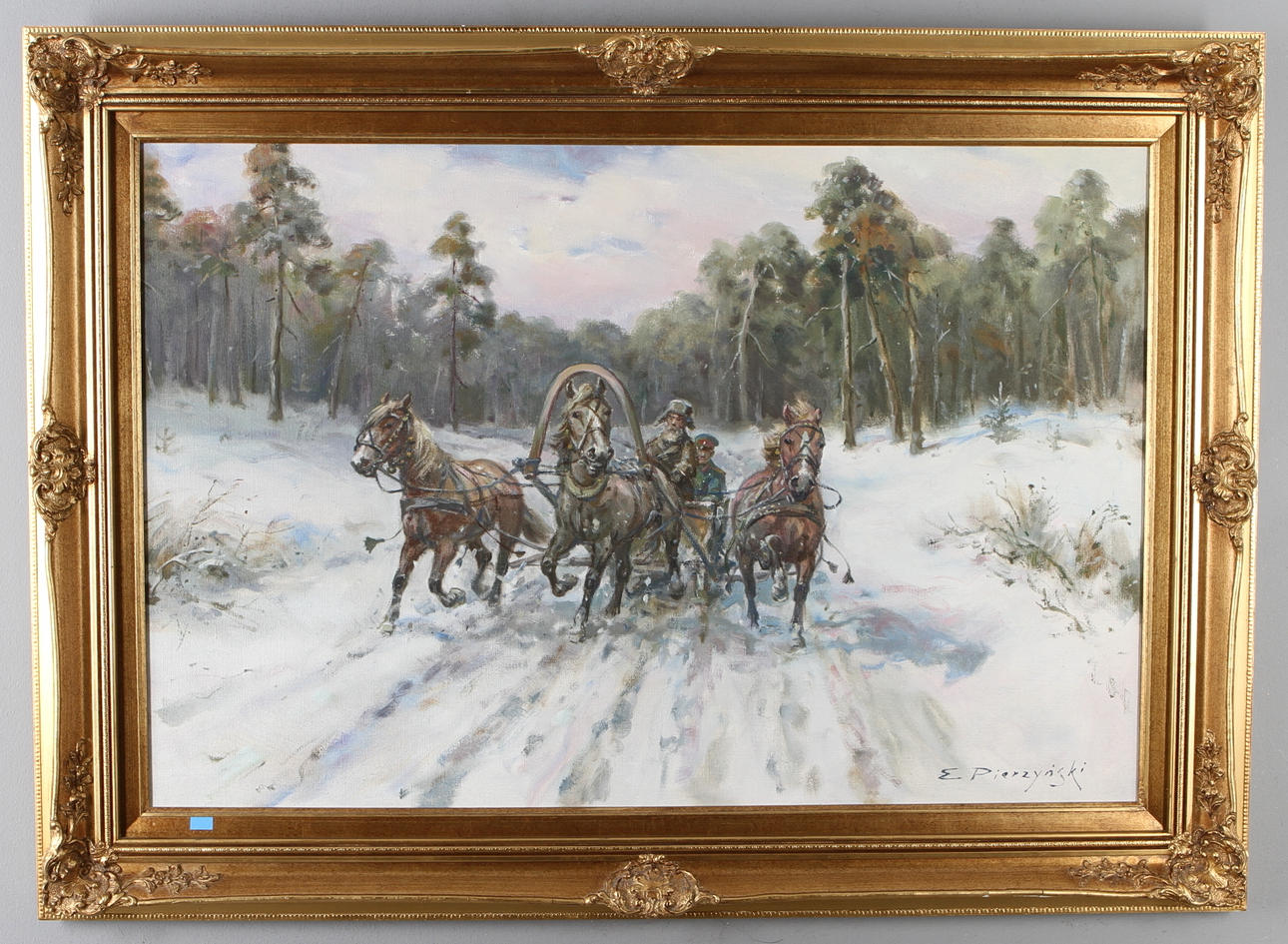 EDWARD PIERZYNSKI. Hästekipage i snölandskap, olja på duk, signerad.