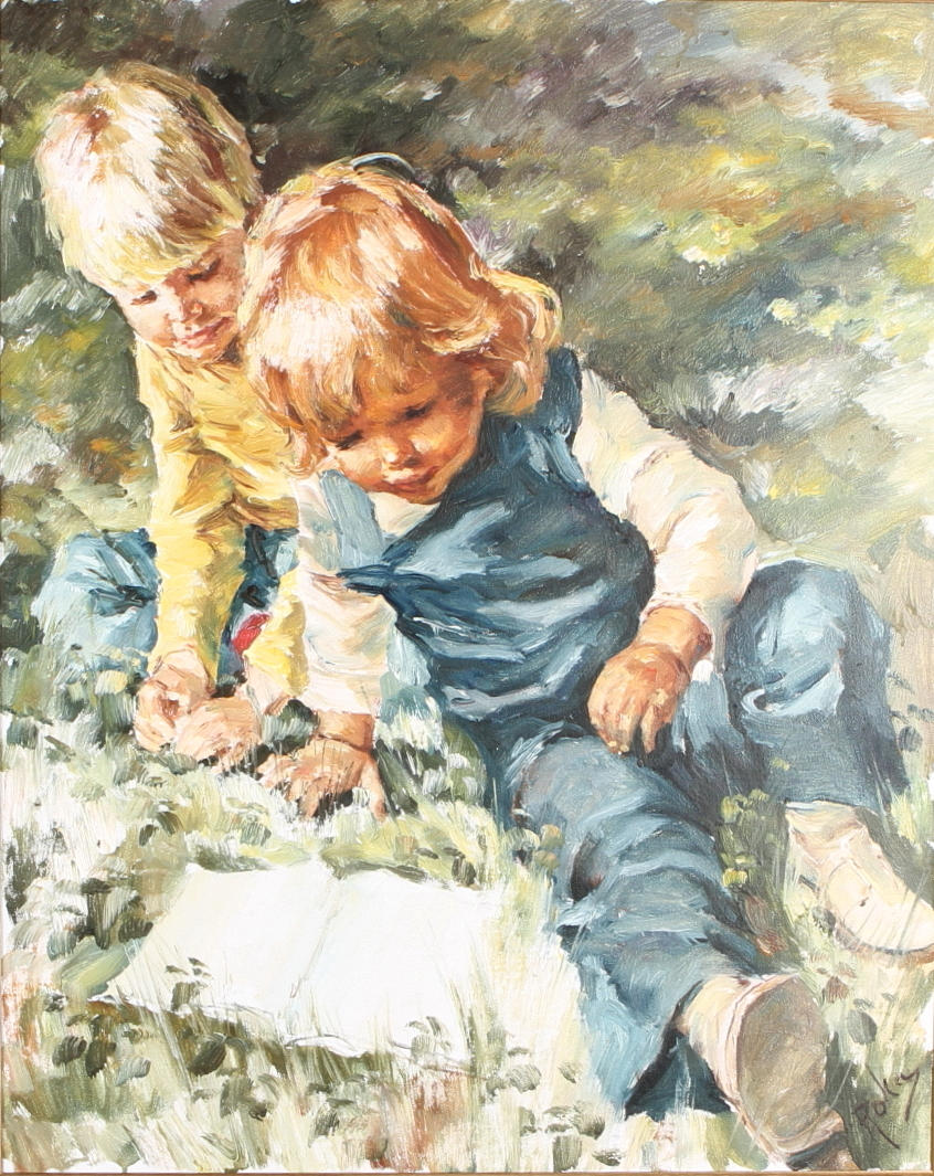 CHARLES ROKA. Läsande barn, olja på duk, signerad.