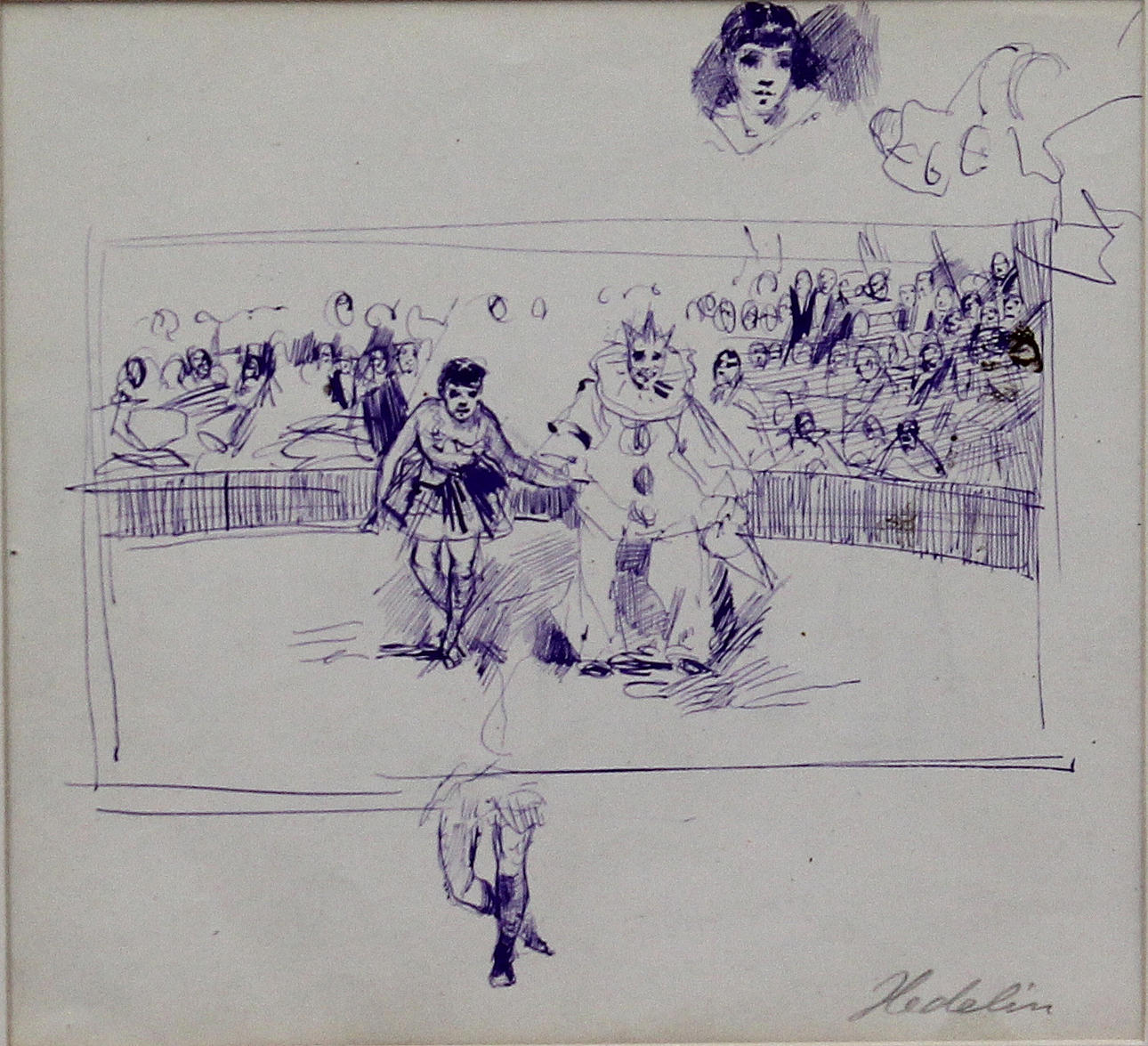 CARL HEDELIN. Cirkus arena med artister. Bleckpenna. Signerad Hedeling. A tergo Folksamling med hästar. Tuschteckning. Osignerad.