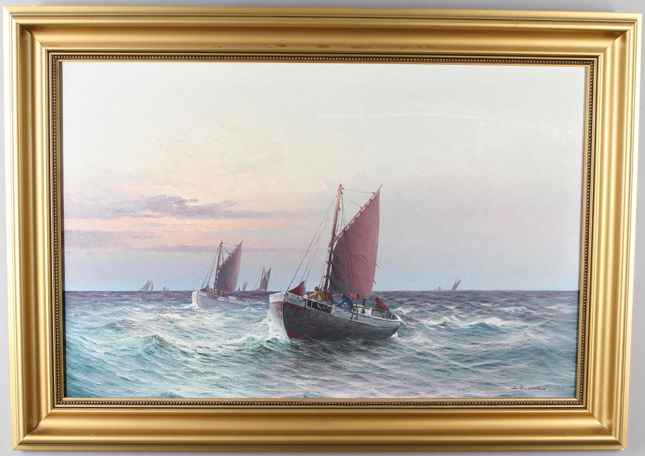 JOHAN OSSIAN ANDERSSON. "Fiskebåtar på hemväg", olja på duk, signerad.