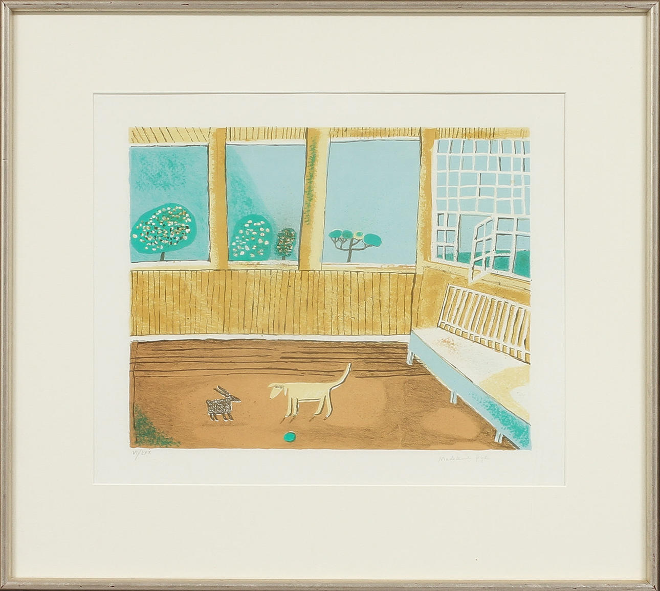 MADELEINE PYK. Interiör med djur, färglitografi, signerad och numrerad .