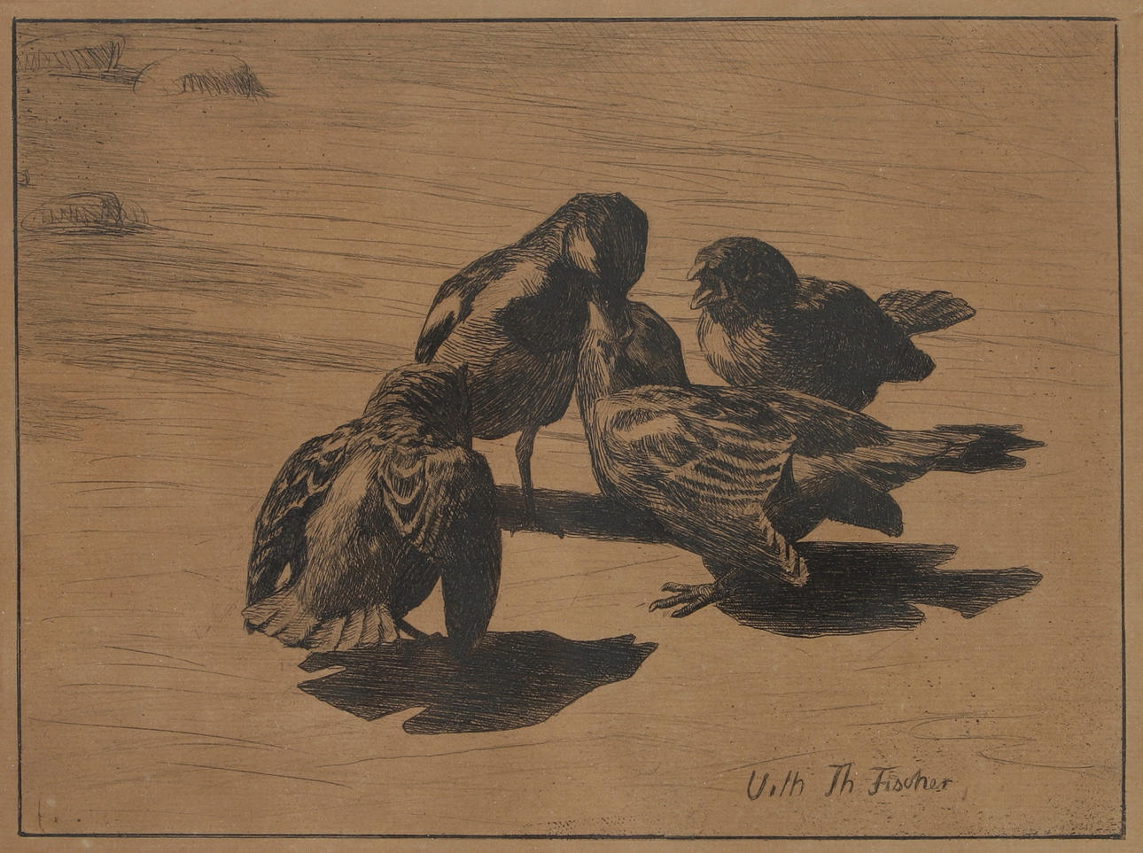 VILHELM THEODOR FISCHER. Etching, birds, signed.