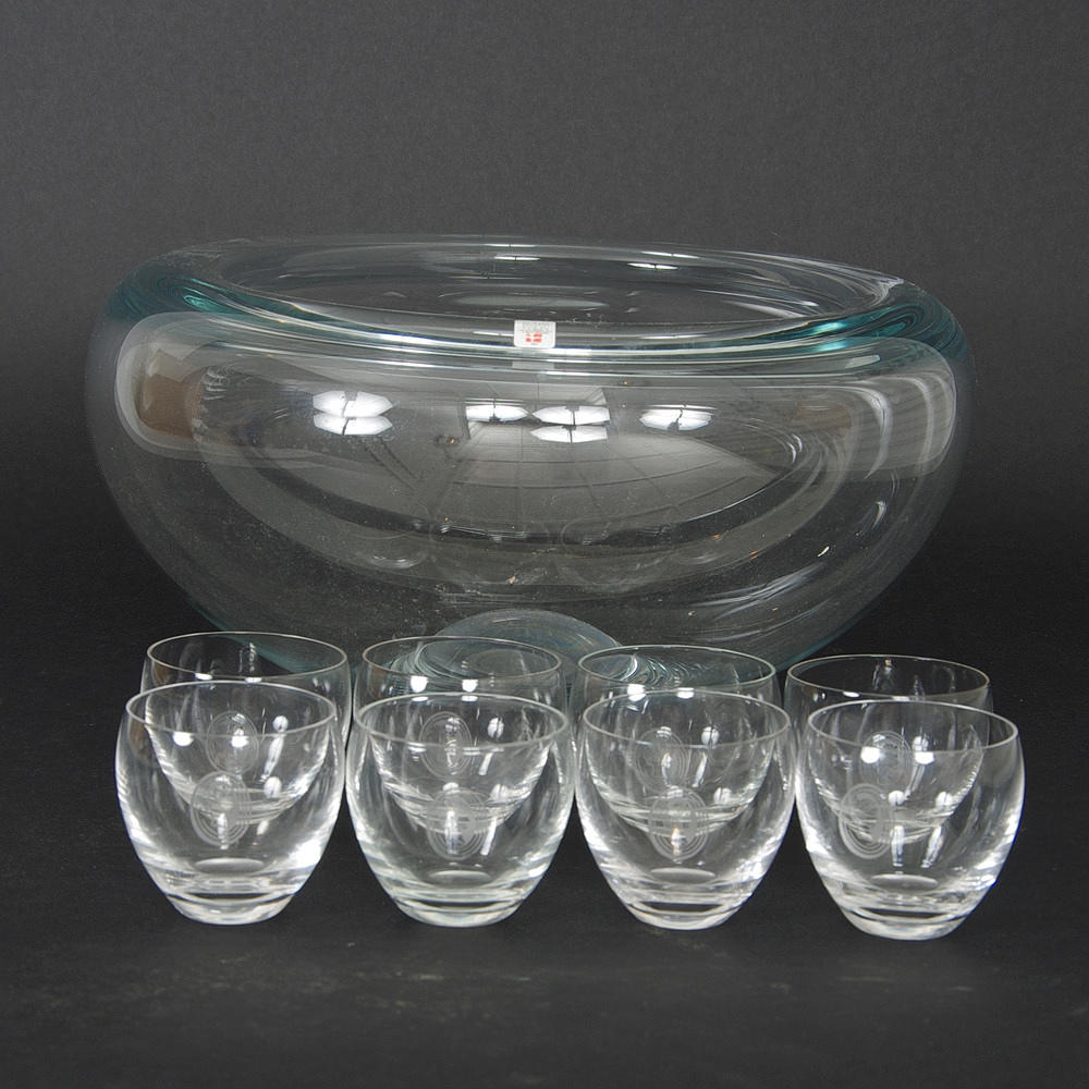 BÅLSKÅL SAMT 8 GLAS, Holmegaard.