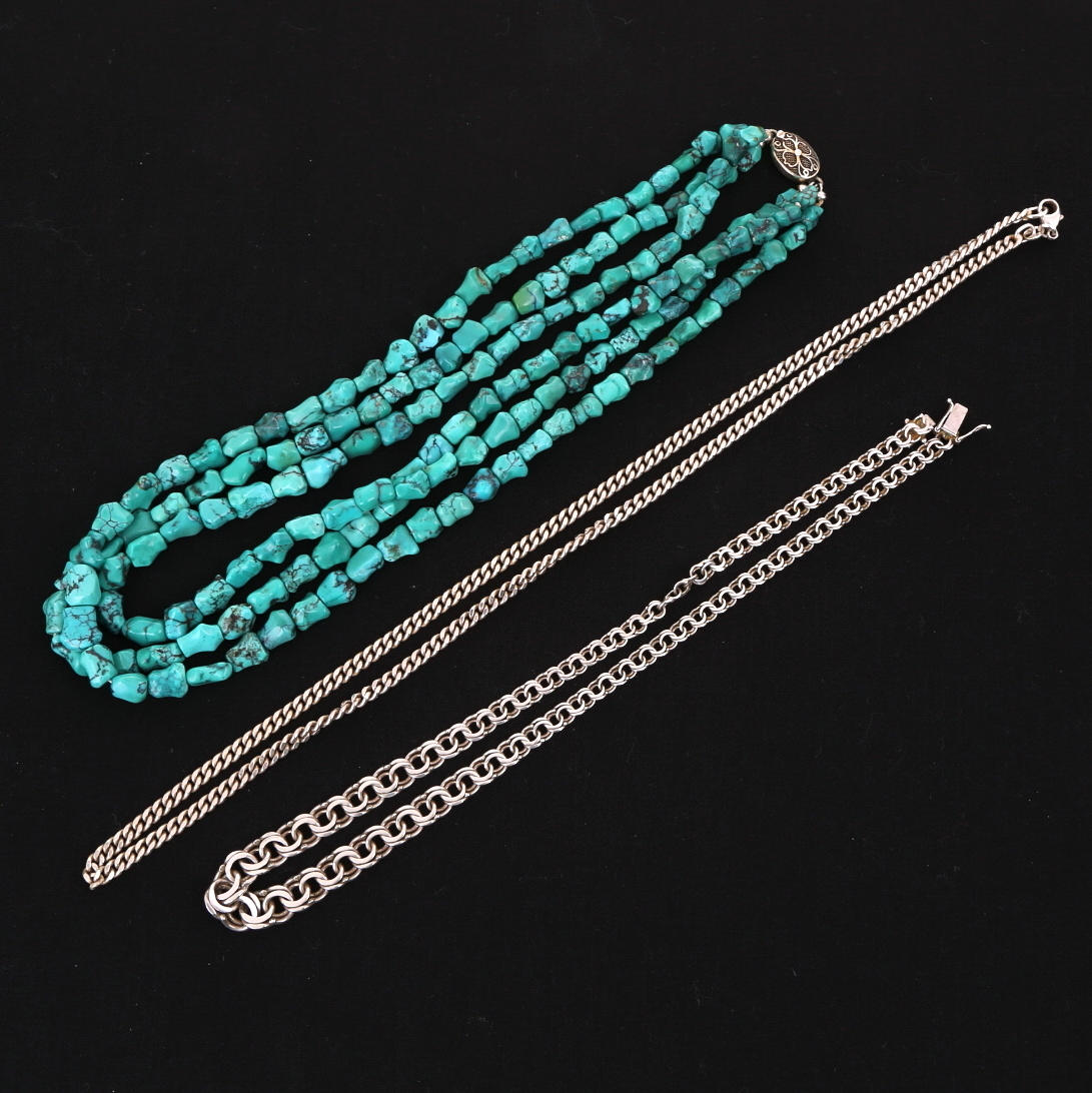 HALSBAND 3 st, turkoser, silver 925, silvervikt 47,5 gram.