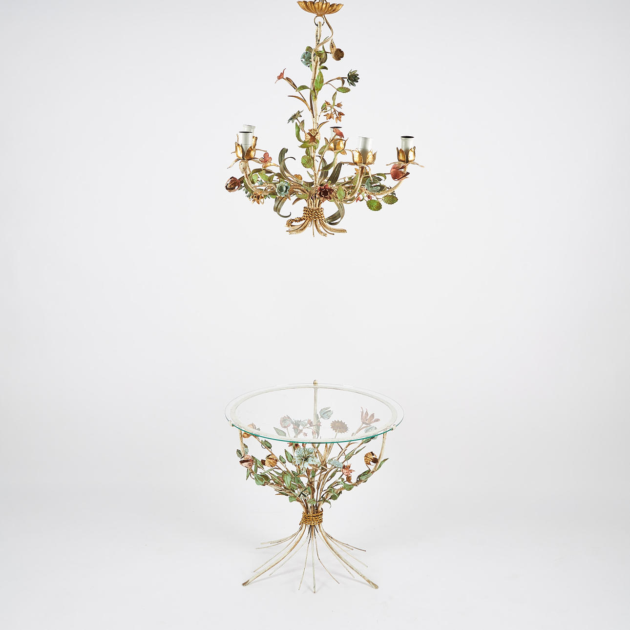 SIDE TABLE AND CEILING CHANDELIER, Italy 1960s.