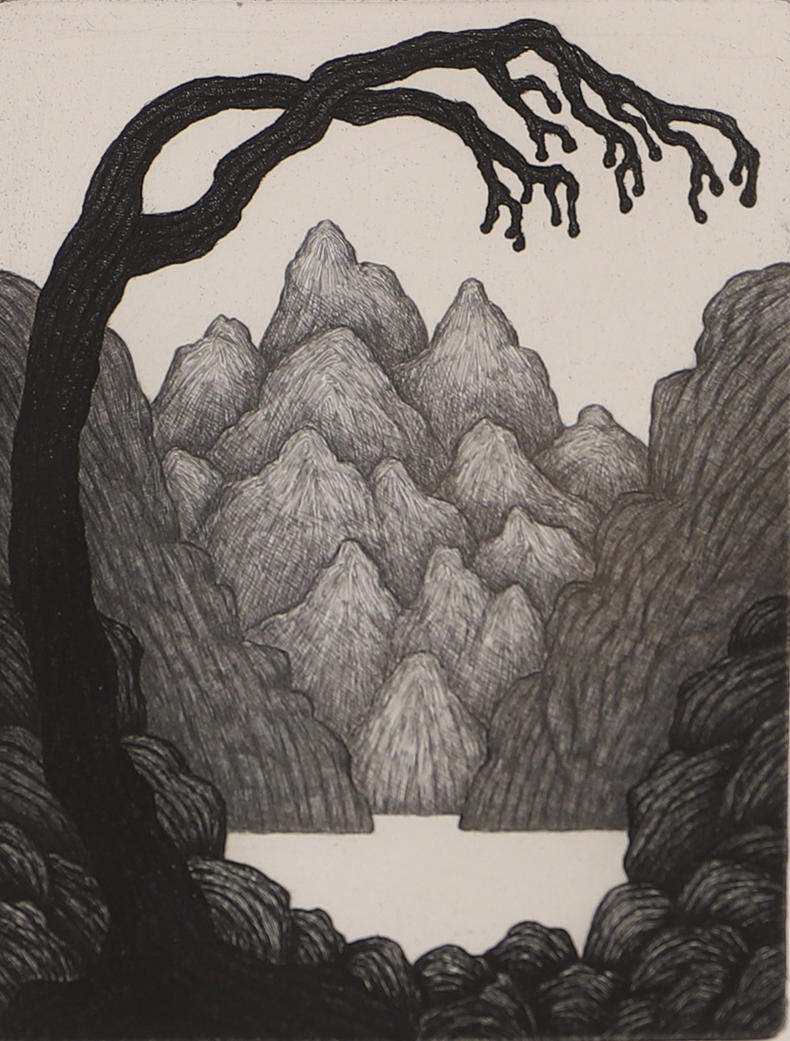 INGRID MILLER. "Träd & berg 4", etsning, signerad -87.