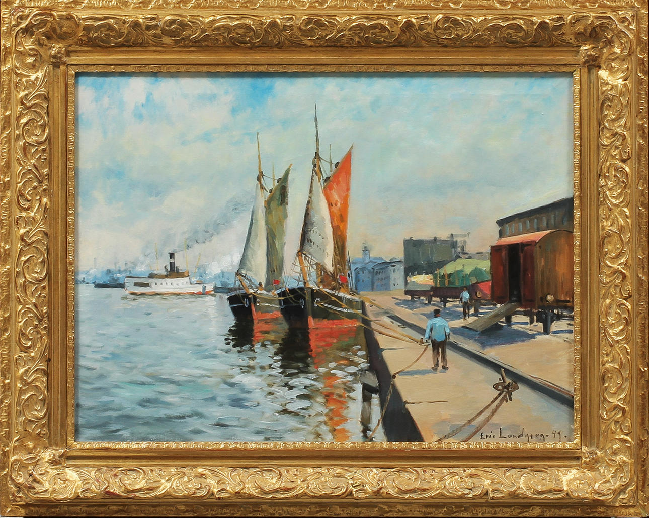 ERIC LUNDGREN. Motiv från Göteborgs hamn. Olja på duk, signerad och daterad -49.